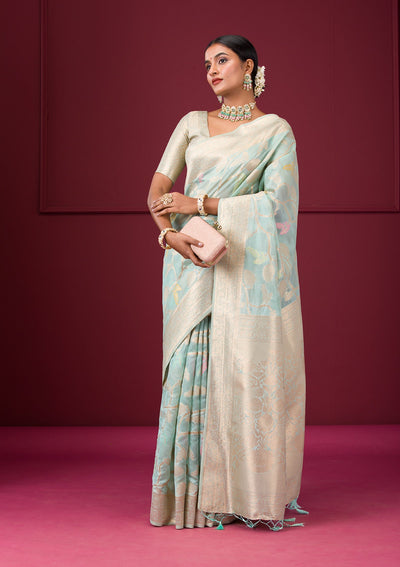 Sky Blue Zariwork Tissue Saree-Koskii