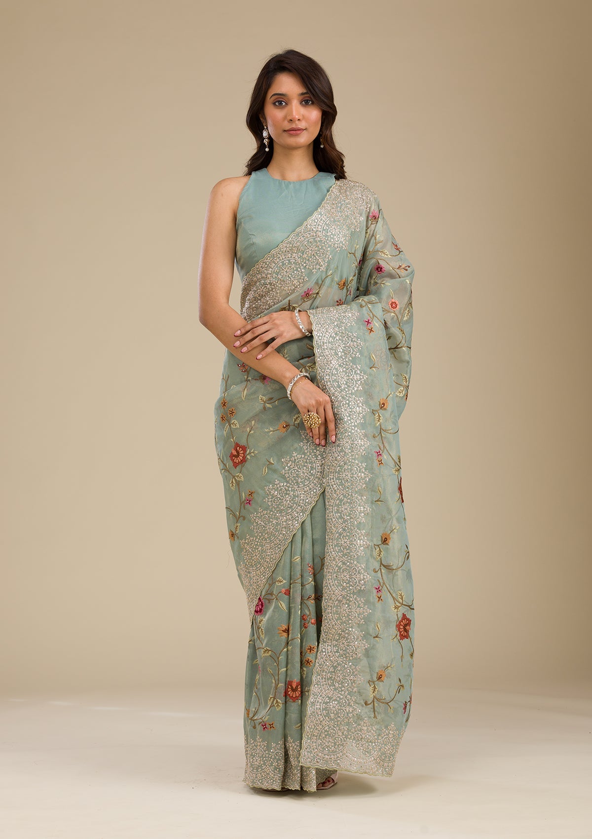 Sky Blue Zariwork Tissue Saree-Koskii