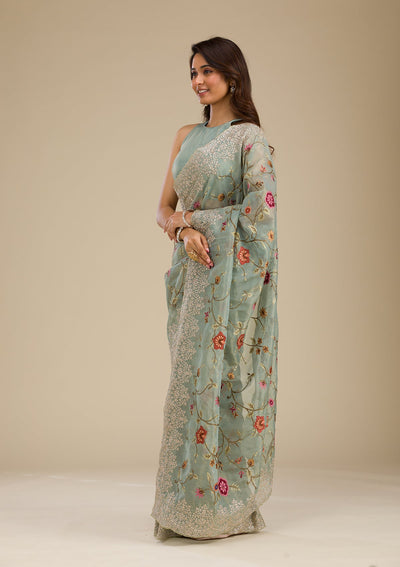 Sky Blue Zariwork Tissue Saree-Koskii