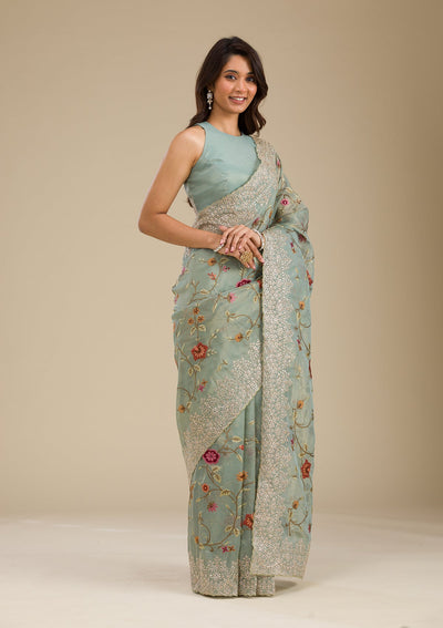 Sky Blue Zariwork Tissue Saree-Koskii