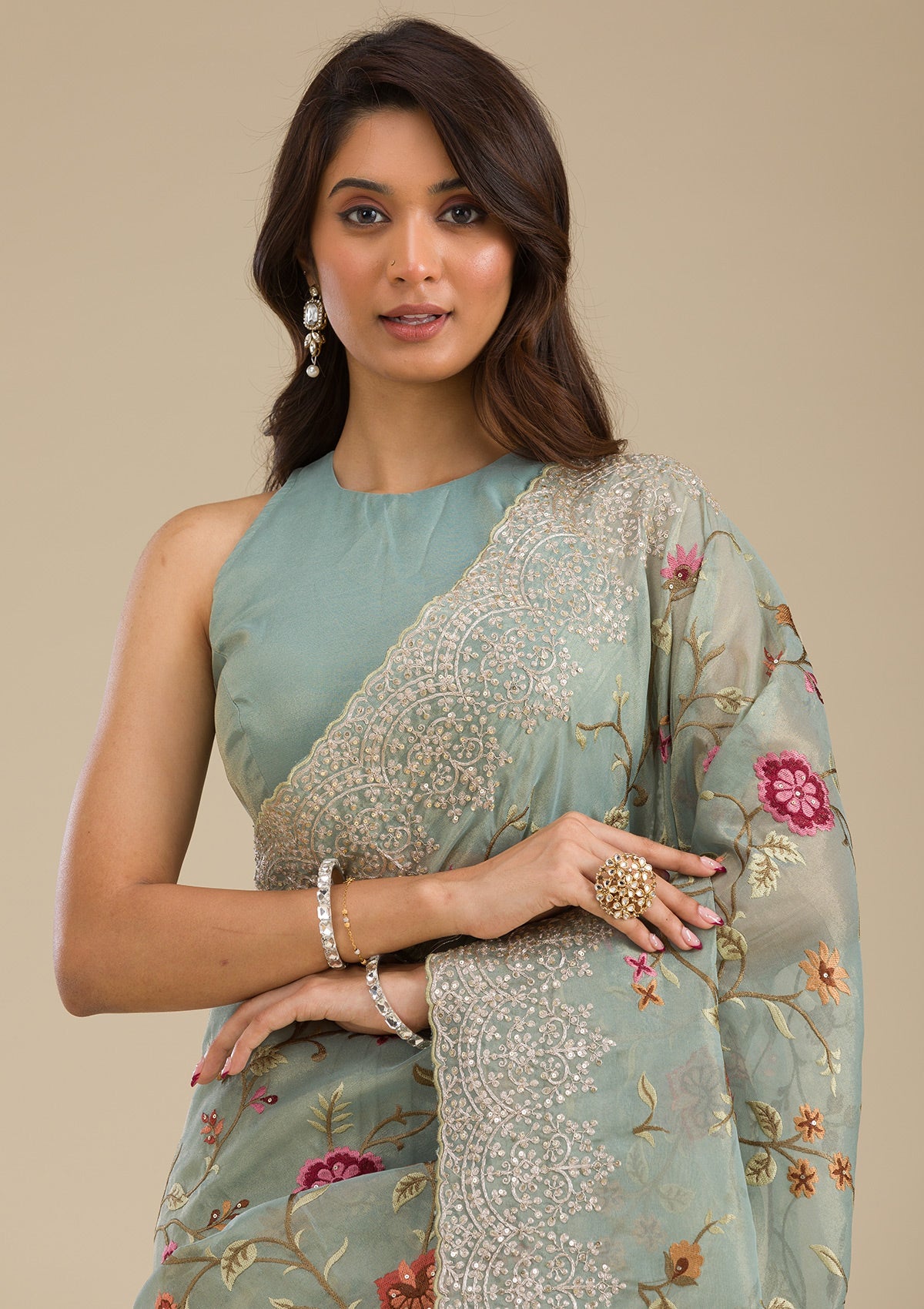 Sky Blue Zariwork Tissue Saree-Koskii