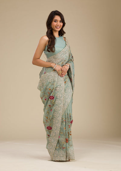 Sky Blue Zariwork Tissue Saree-Koskii