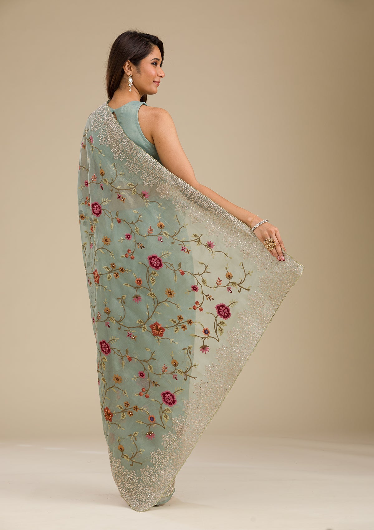 Sky Blue Zariwork Tissue Saree-Koskii