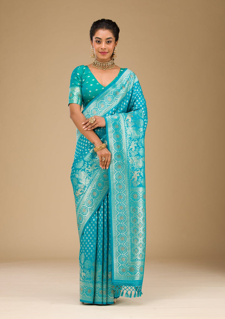 Turquoise Blue Stonework Art Silk Saree-Koskii