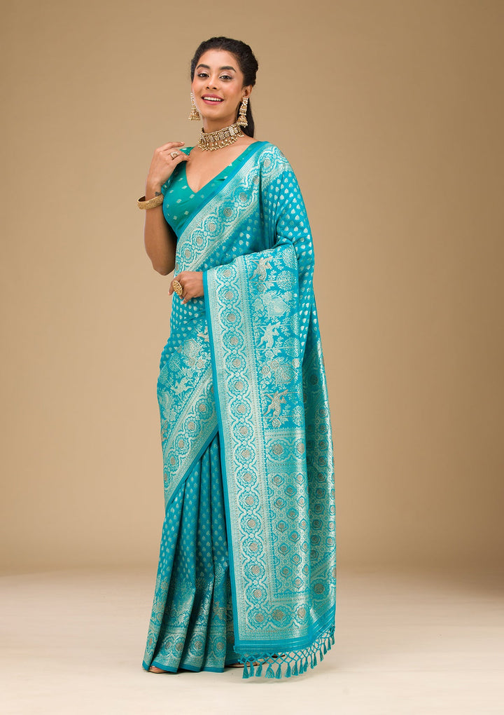 Turquoise Blue Stonework Art Silk Saree-Koskii