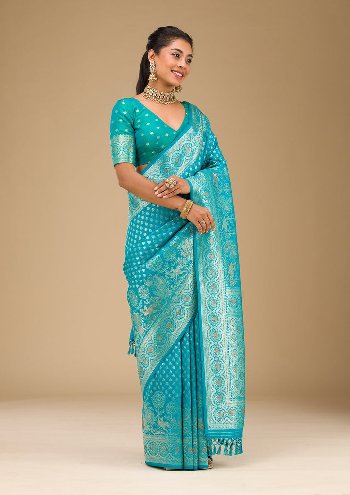 Turquoise Blue Stonework Art Silk Saree-Koskii