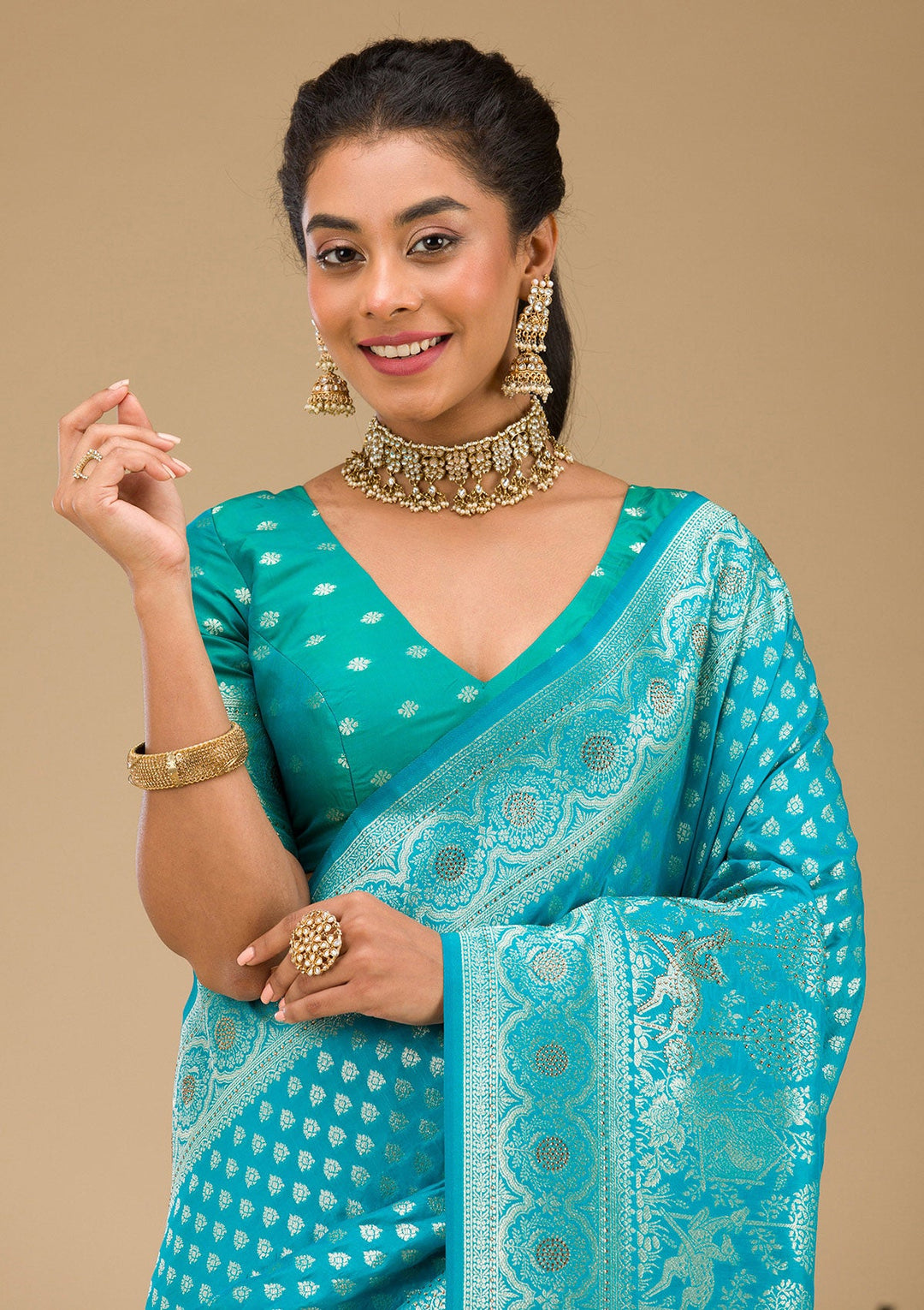 Turquoise Blue Stonework Art Silk Saree-Koskii