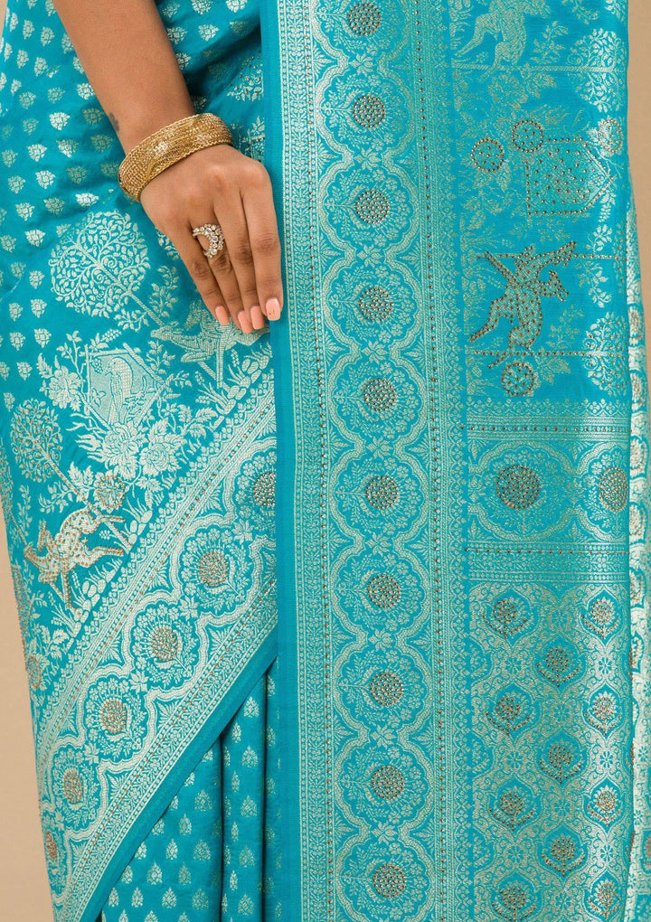 Turquoise Blue Stonework Art Silk Saree-Koskii