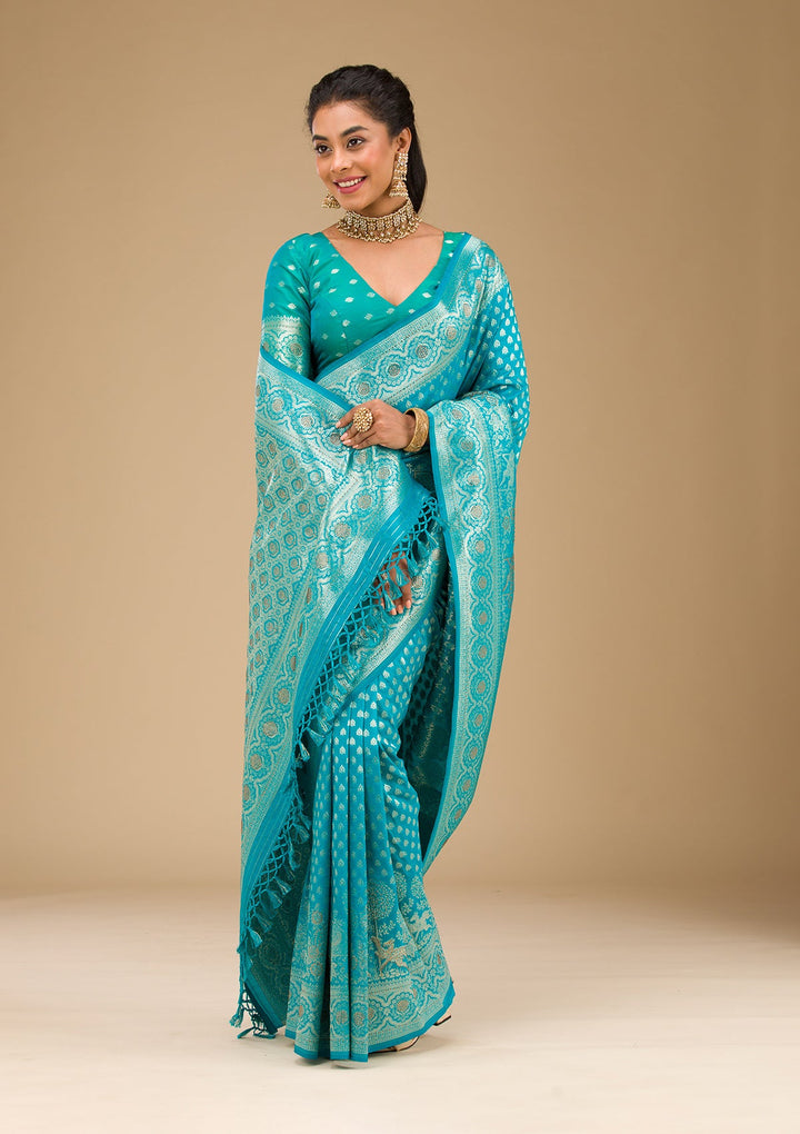 Turquoise Blue Stonework Art Silk Saree-Koskii