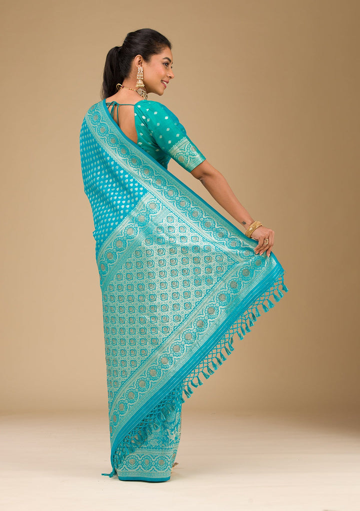 Turquoise Blue Stonework Art Silk Saree-Koskii