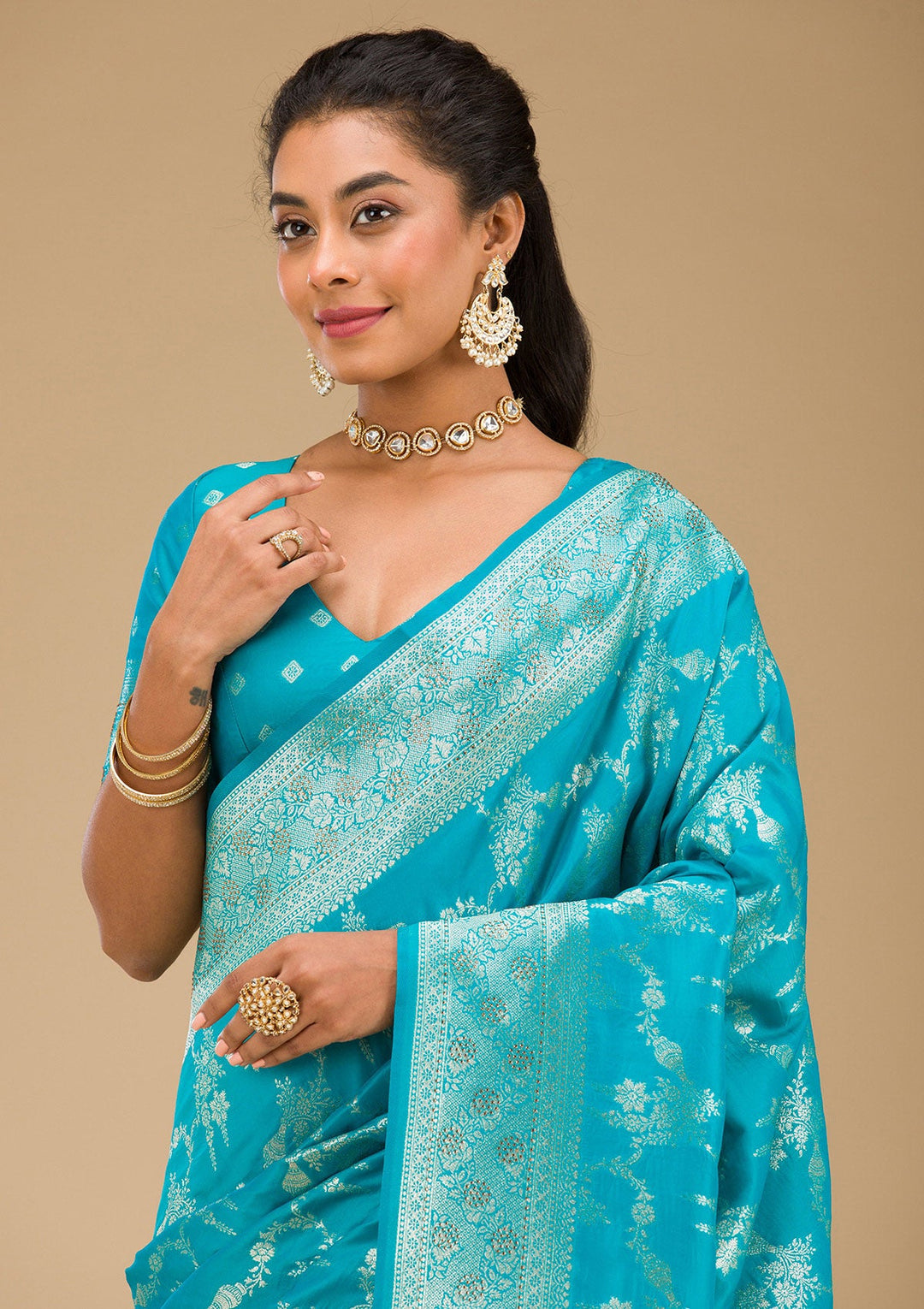Turquoise Blue Stonework Art Silk Saree-Koskii