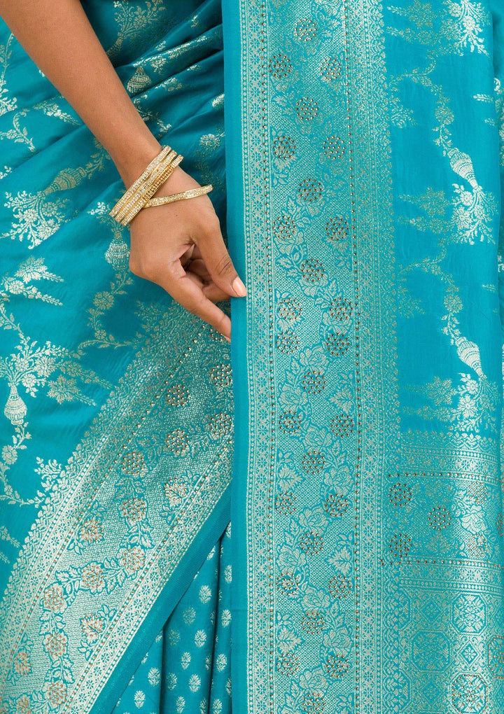Turquoise Blue Stonework Art Silk Saree-Koskii