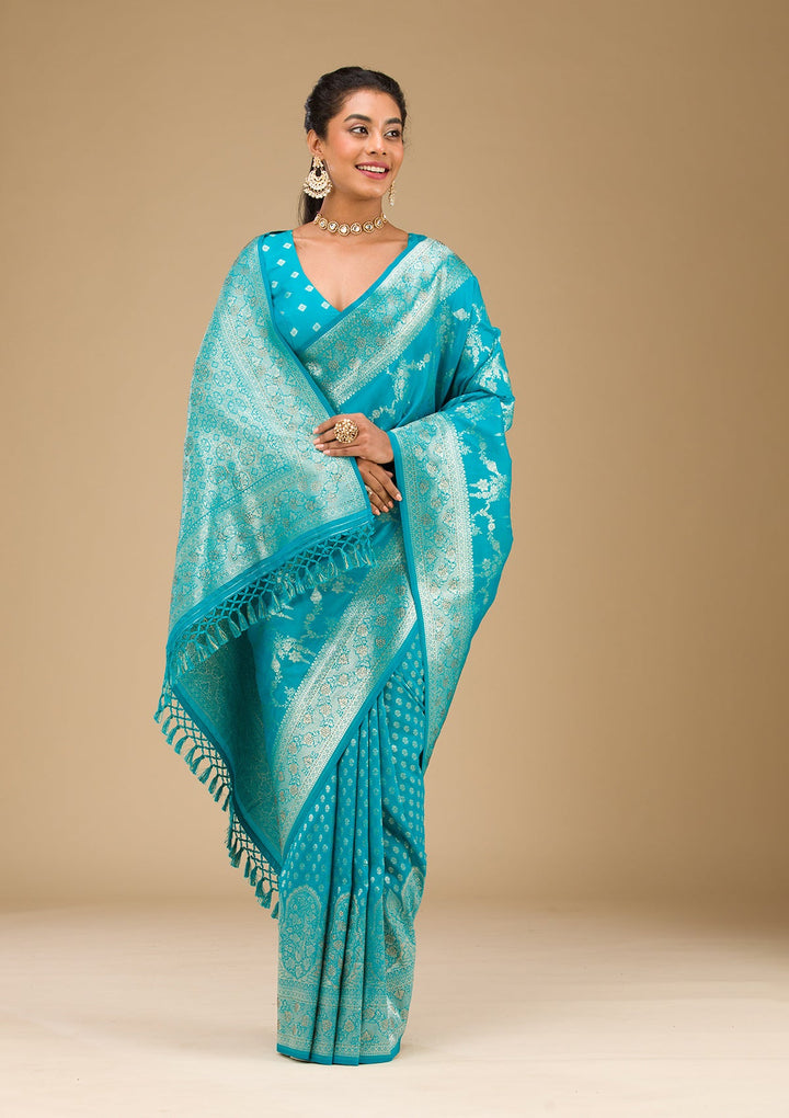 Turquoise Blue Stonework Art Silk Saree-Koskii