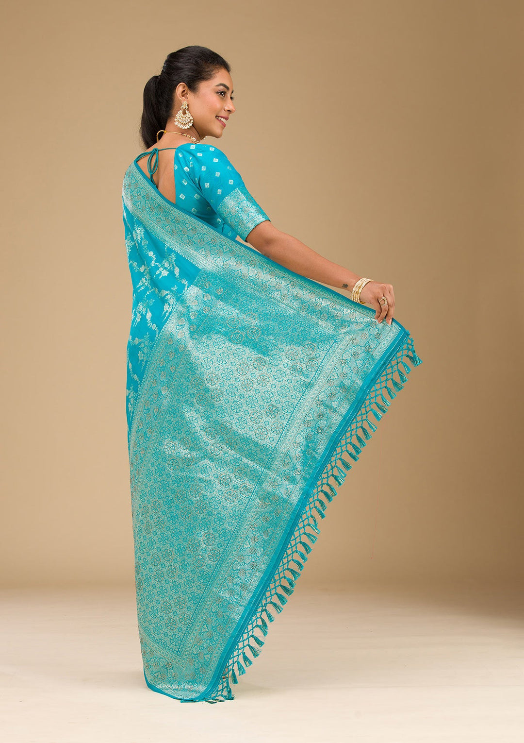 Turquoise Blue Stonework Art Silk Saree-Koskii