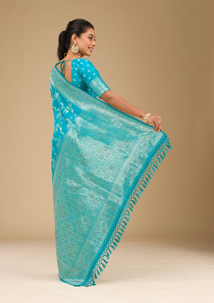 Turquoise Blue Stonework Art Silk Saree-Koskii