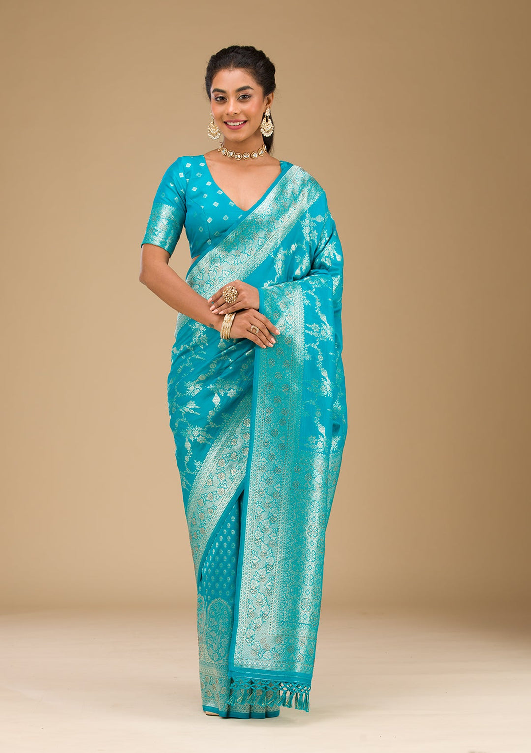 Turquoise Blue Stonework Art Silk Saree-Koskii