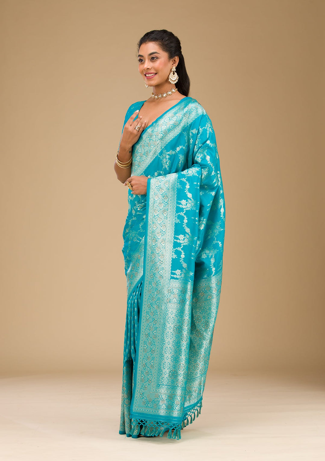 Turquoise Blue Stonework Art Silk Saree-Koskii