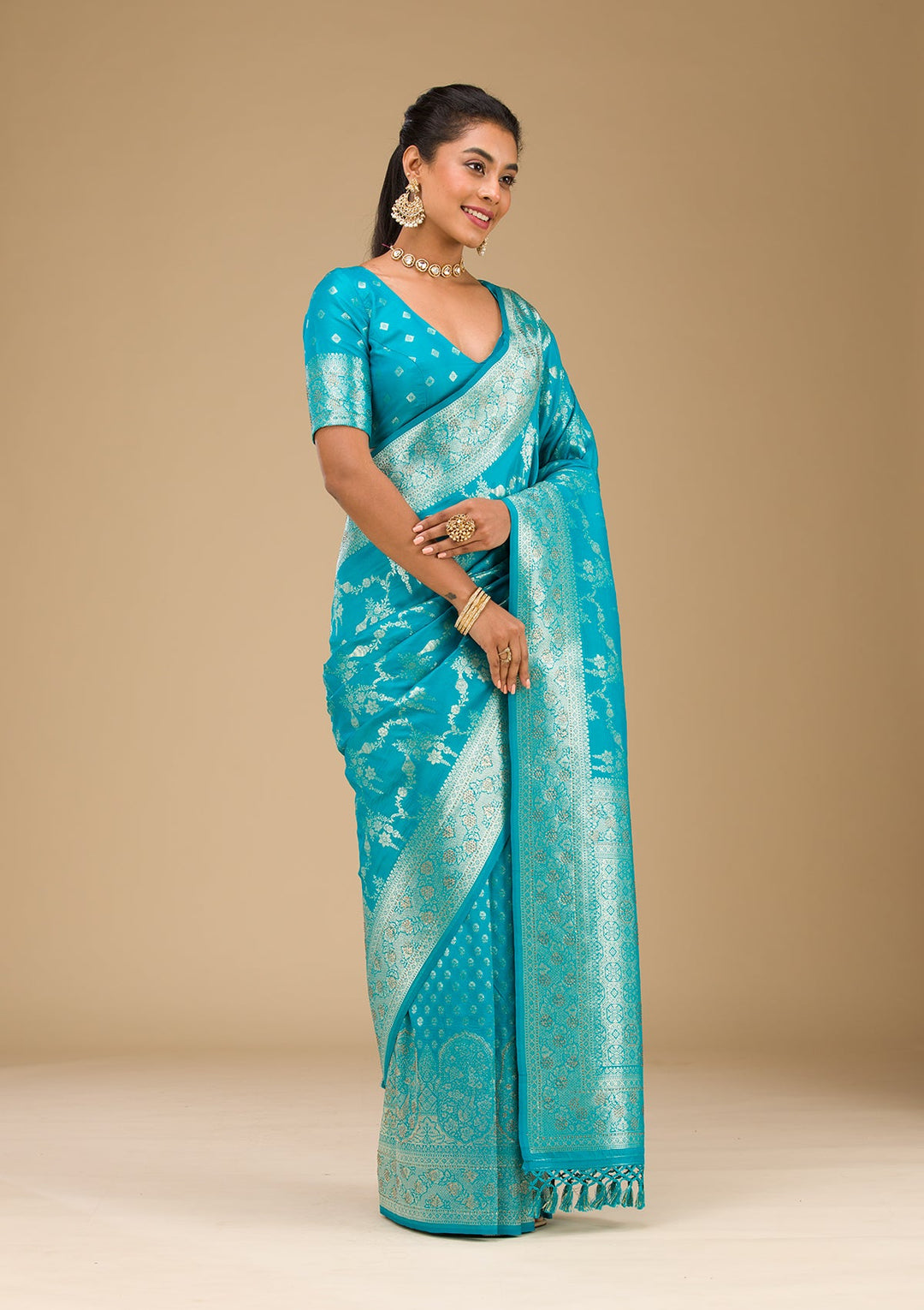 Turquoise Blue Stonework Art Silk Saree-Koskii