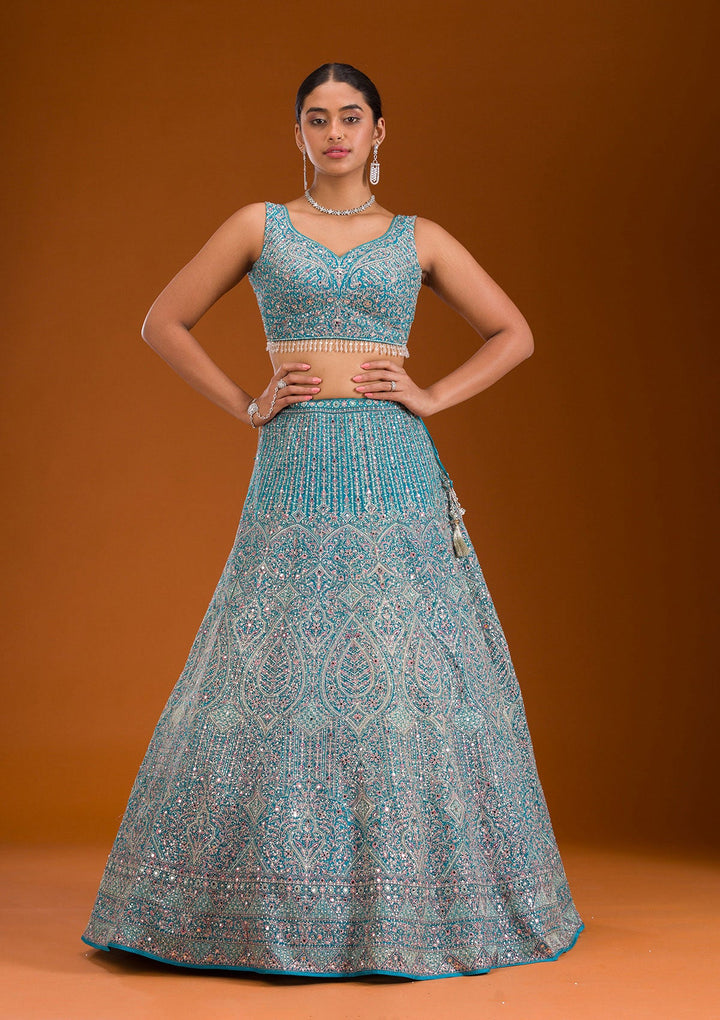 Turquoise Blue Threadwork Net Readymade Lehenga-Koskii