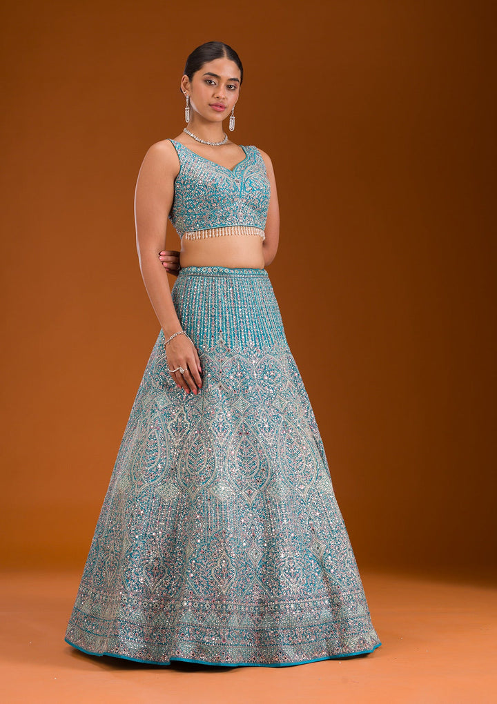 Turquoise Blue Threadwork Net Readymade Lehenga-Koskii