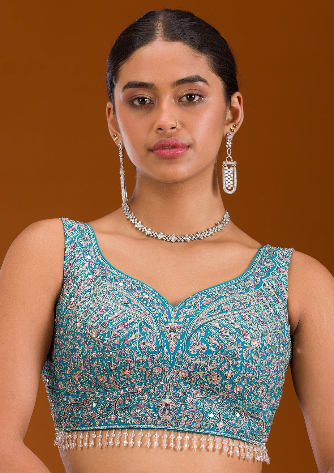 Turquoise Blue Threadwork Net Readymade Lehenga-Koskii