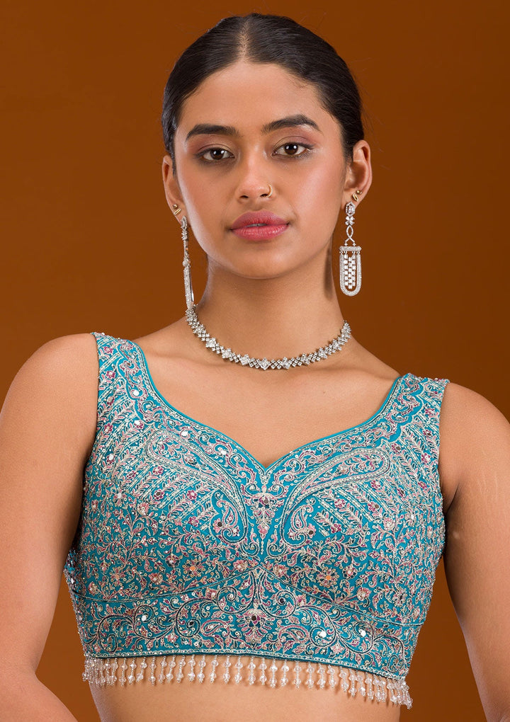 Turquoise Blue Threadwork Net Readymade Lehenga-Koskii