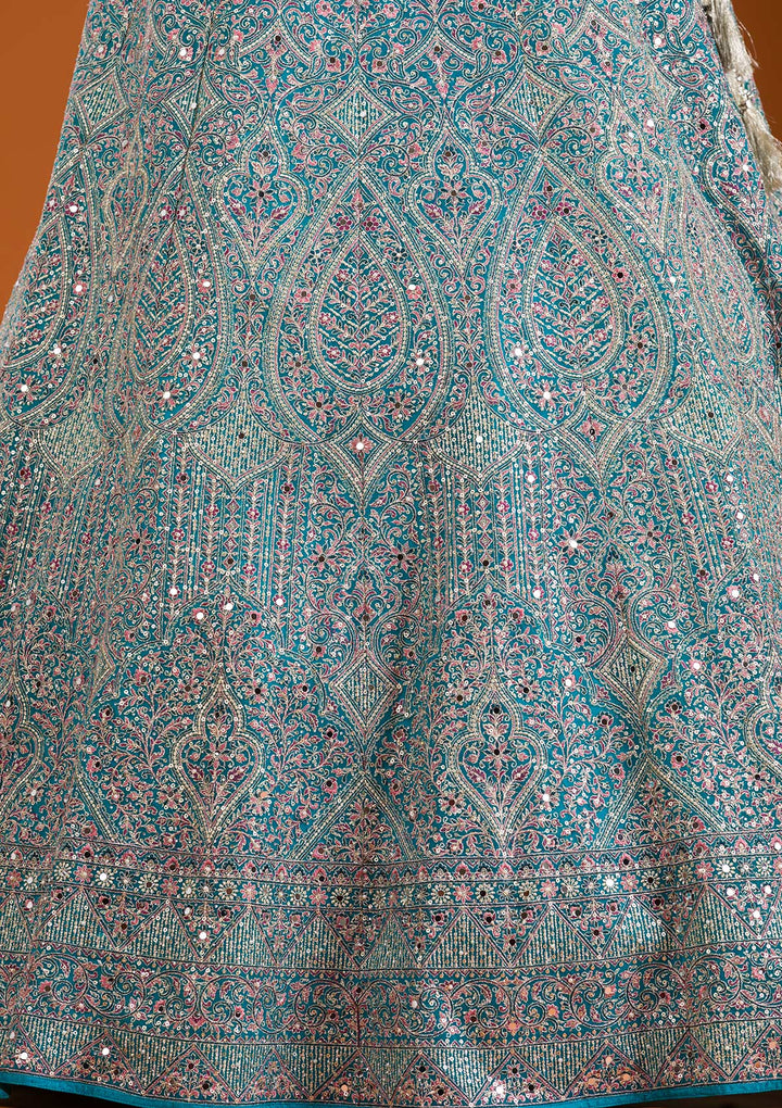 Turquoise Blue Threadwork Net Readymade Lehenga-Koskii