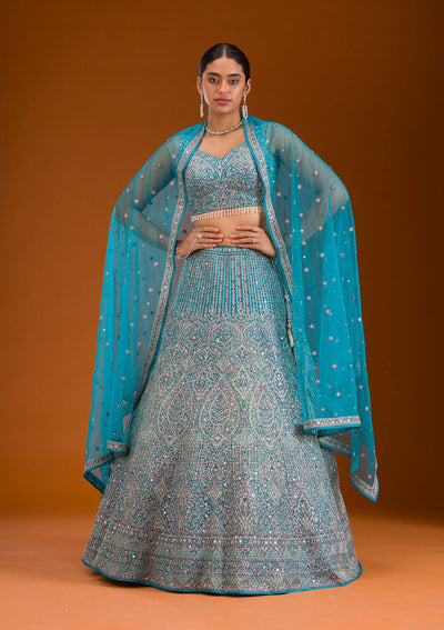 Turquoise Blue Threadwork Net Readymade Lehenga-Koskii