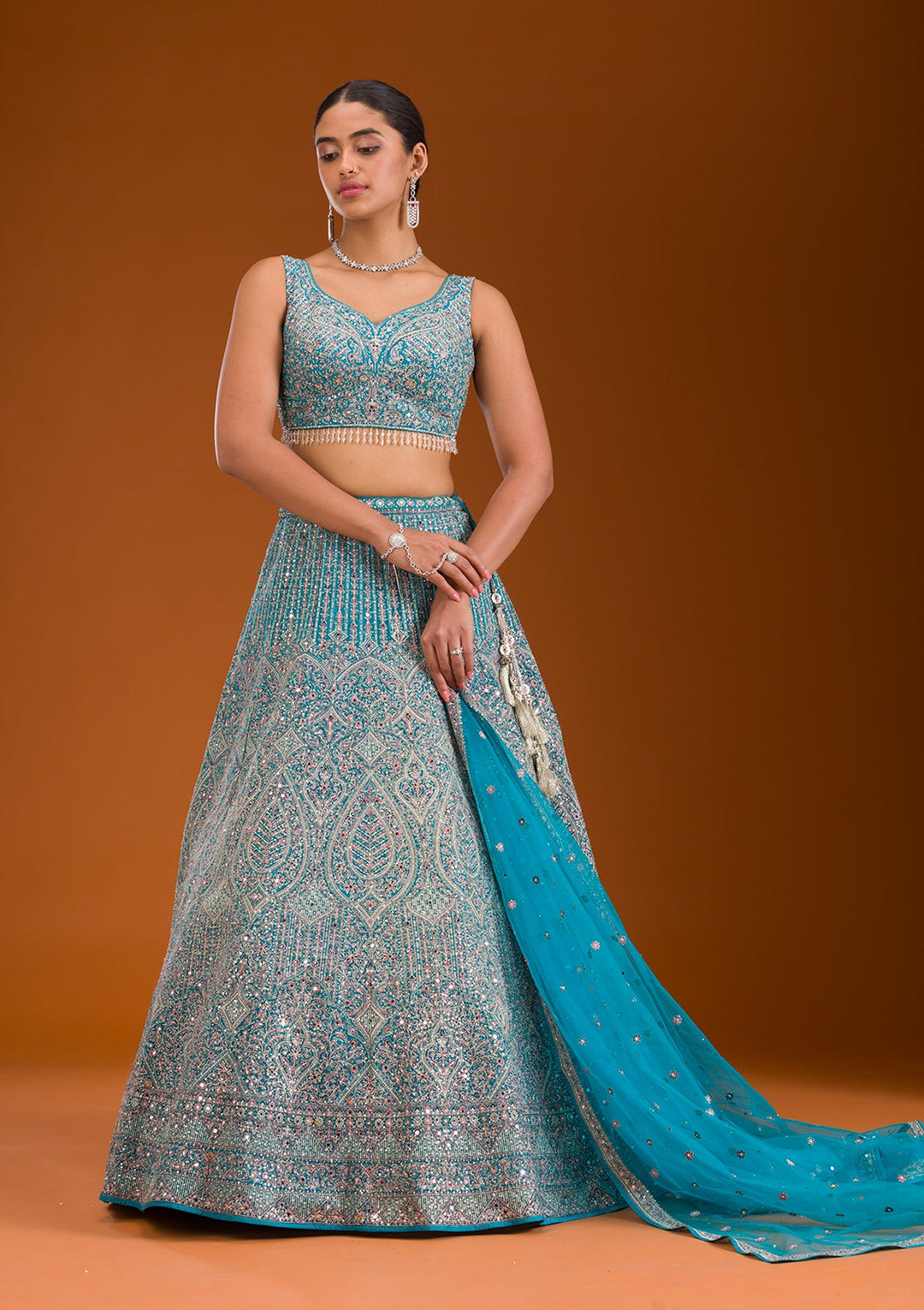 Turquoise Blue Threadwork Net Readymade Lehenga-Koskii