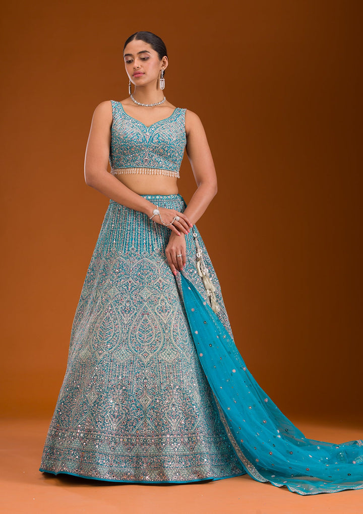 Turquoise Blue Threadwork Net Readymade Lehenga-Koskii