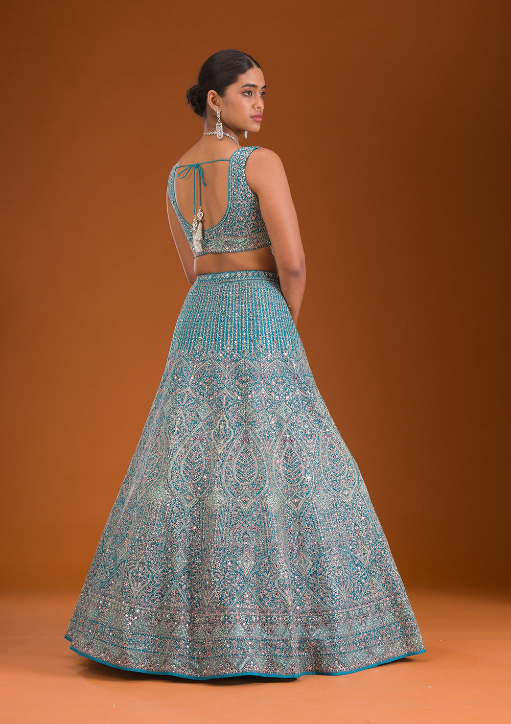 Turquoise Blue Threadwork Net Readymade Lehenga-Koskii