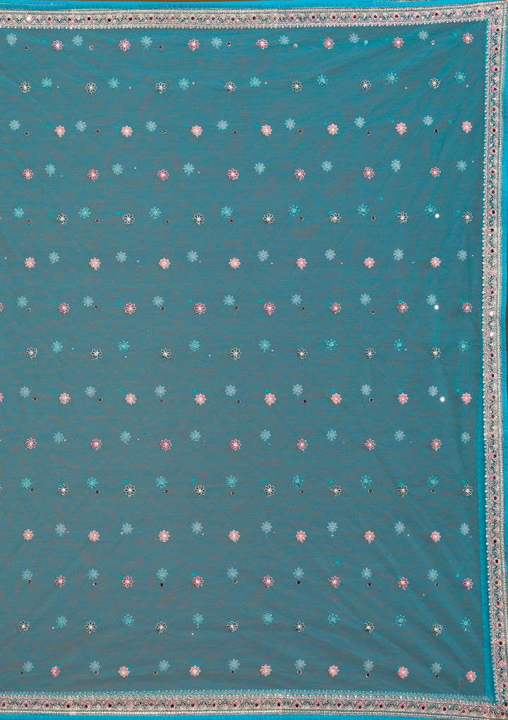 Turquoise Blue Threadwork Net Readymade Lehenga-Koskii
