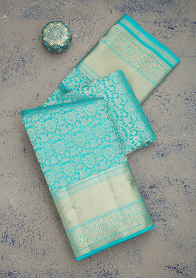 Turquoise Blue Zariwork Pure Silk Saree-Koskii