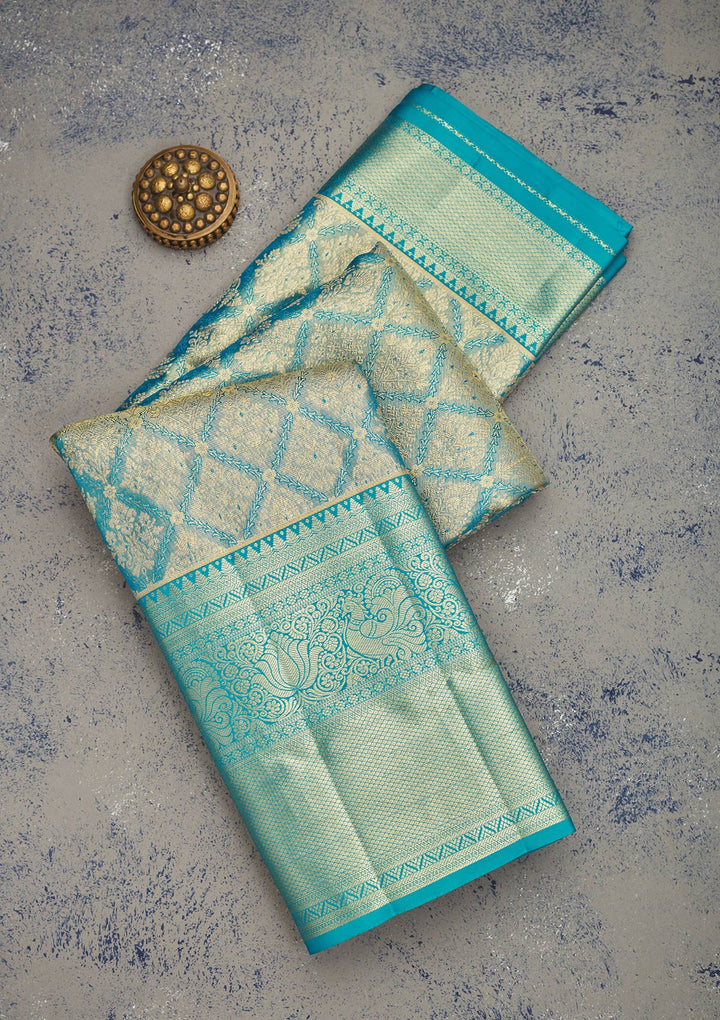 Turquoise Blue Zariwork Pure Silk Saree-Koskii
