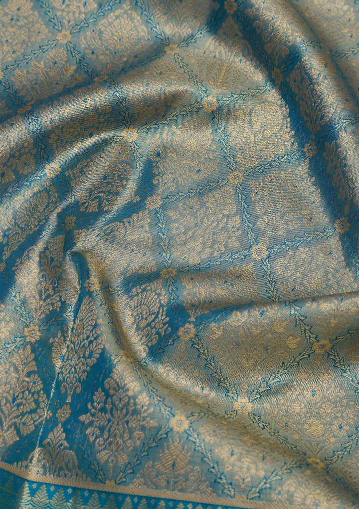 Turquoise Blue Zariwork Pure Silk Saree-Koskii