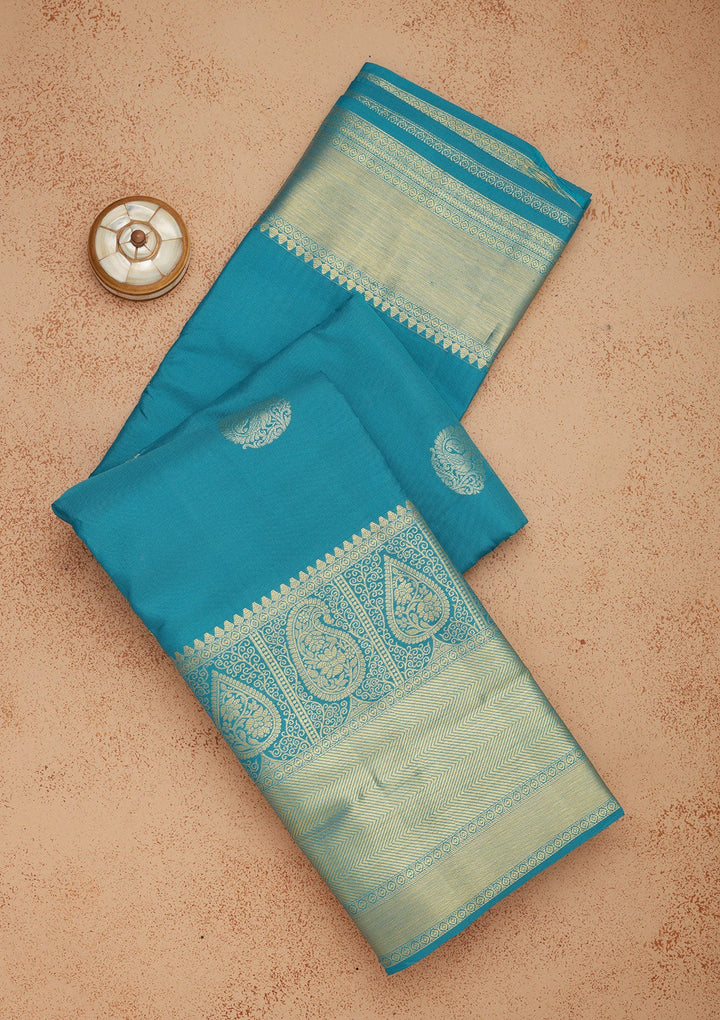 Turquoise Blue Zariwork Pure Silk Saree-Koskii