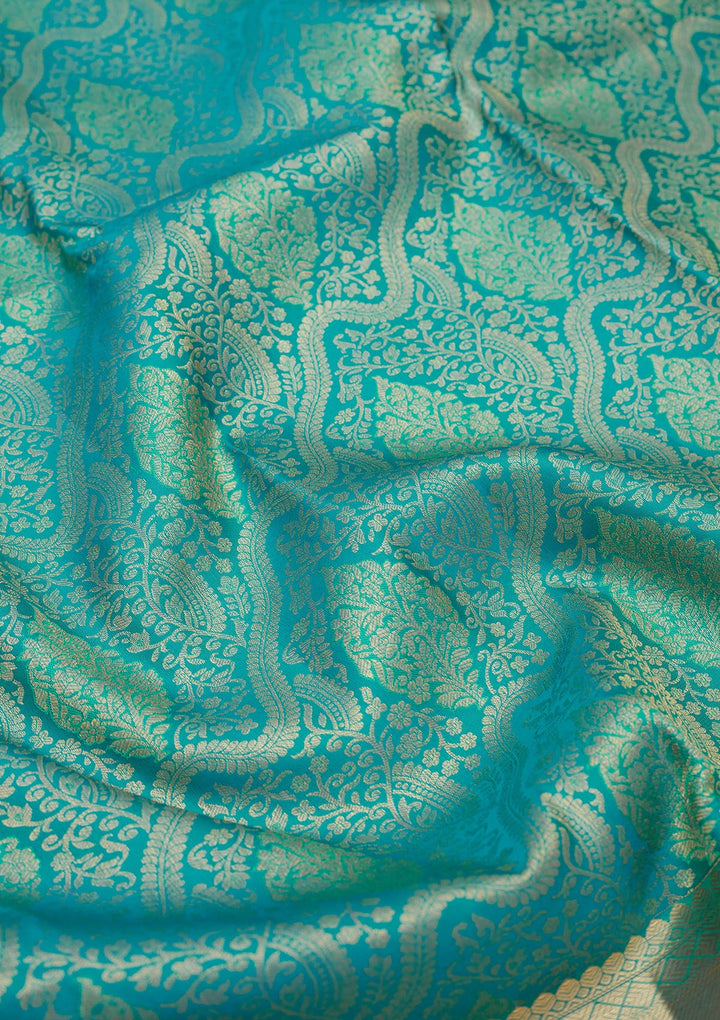 Turquoise Blue Zariwork Pure Silk Saree-Koskii