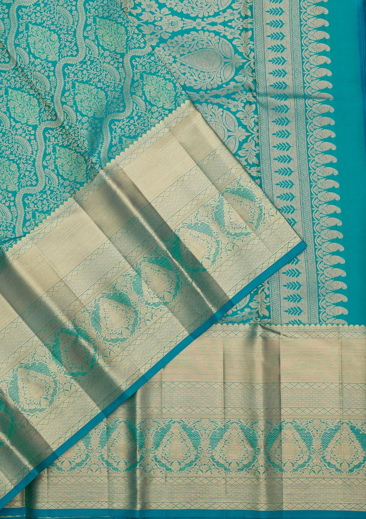 Turquoise Blue Zariwork Pure Silk Saree-Koskii