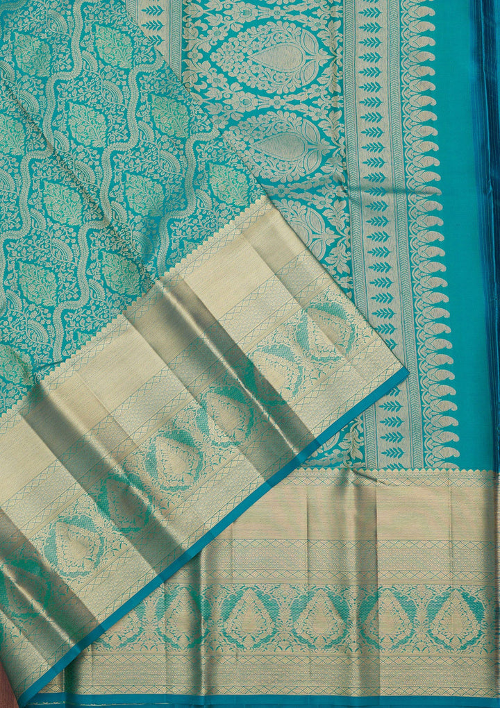 Turquoise Blue Zariwork Pure Silk Saree-Koskii