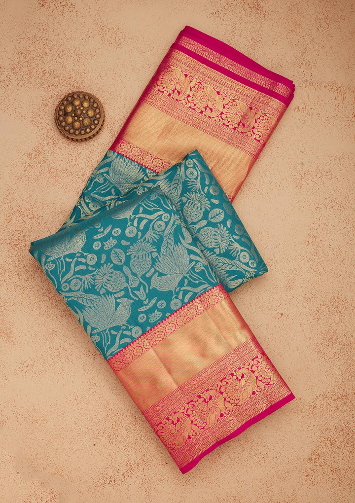 Turquoise Blue Zariwork Pure Silk Saree-Koskii