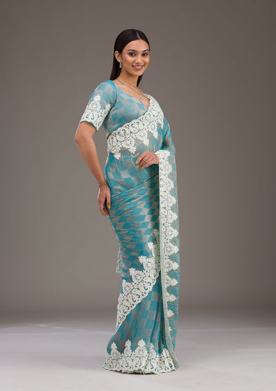 Turquoise Blue Pearlwork Tissue Saree-Koskii