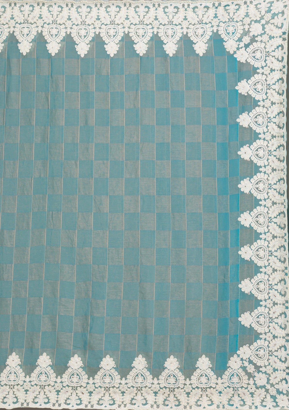 Turquoise Blue Pearlwork Tissue Saree-Koskii