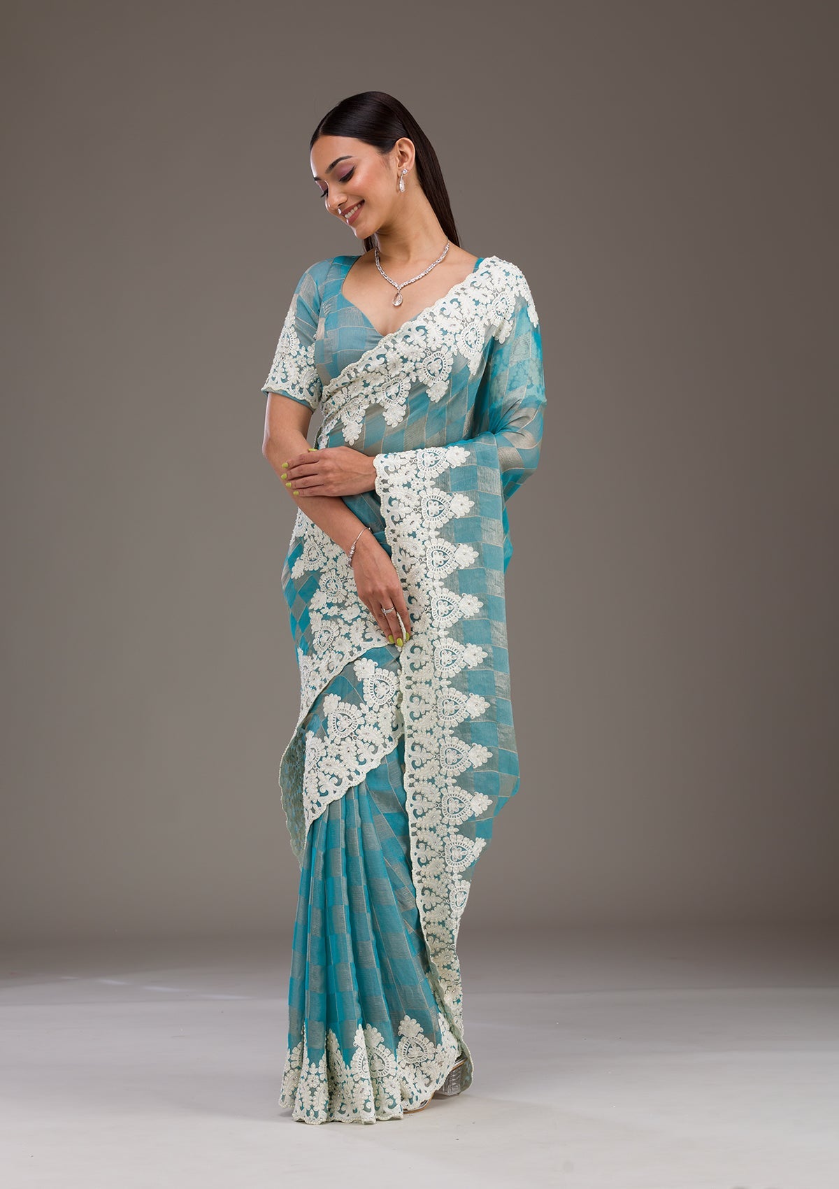 Turquoise Blue Pearlwork Tissue Saree-Koskii