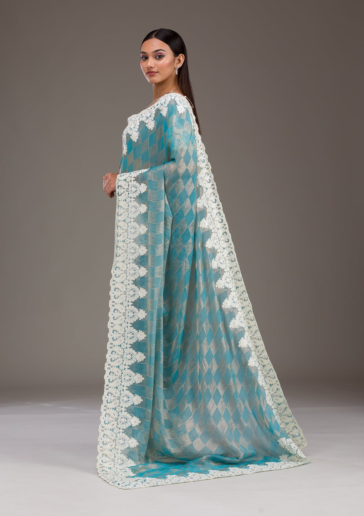 Turquoise Blue Pearlwork Tissue Saree-Koskii