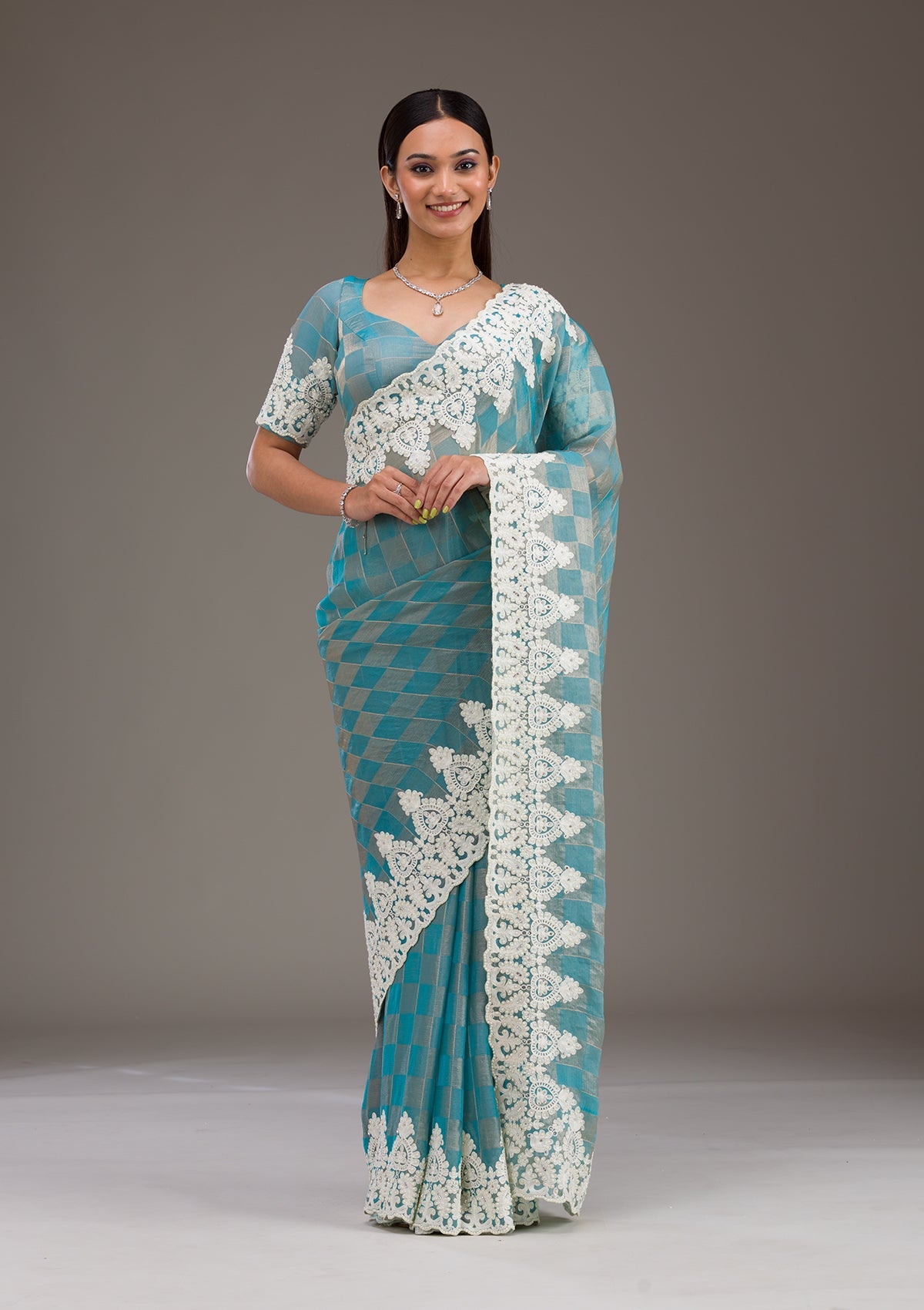 Turquoise Blue Pearlwork Tissue Saree-Koskii