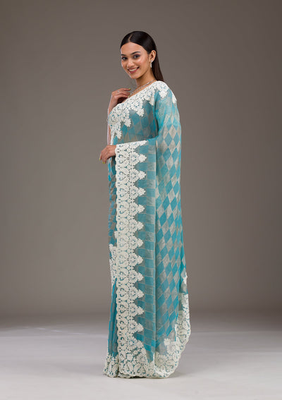 Turquoise Blue Pearlwork Tissue Saree-Koskii