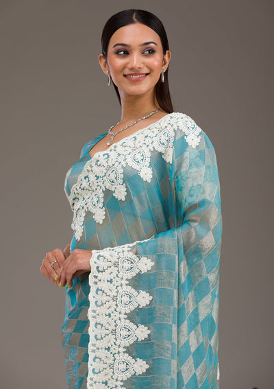 Turquoise Blue Pearlwork Tissue Saree-Koskii