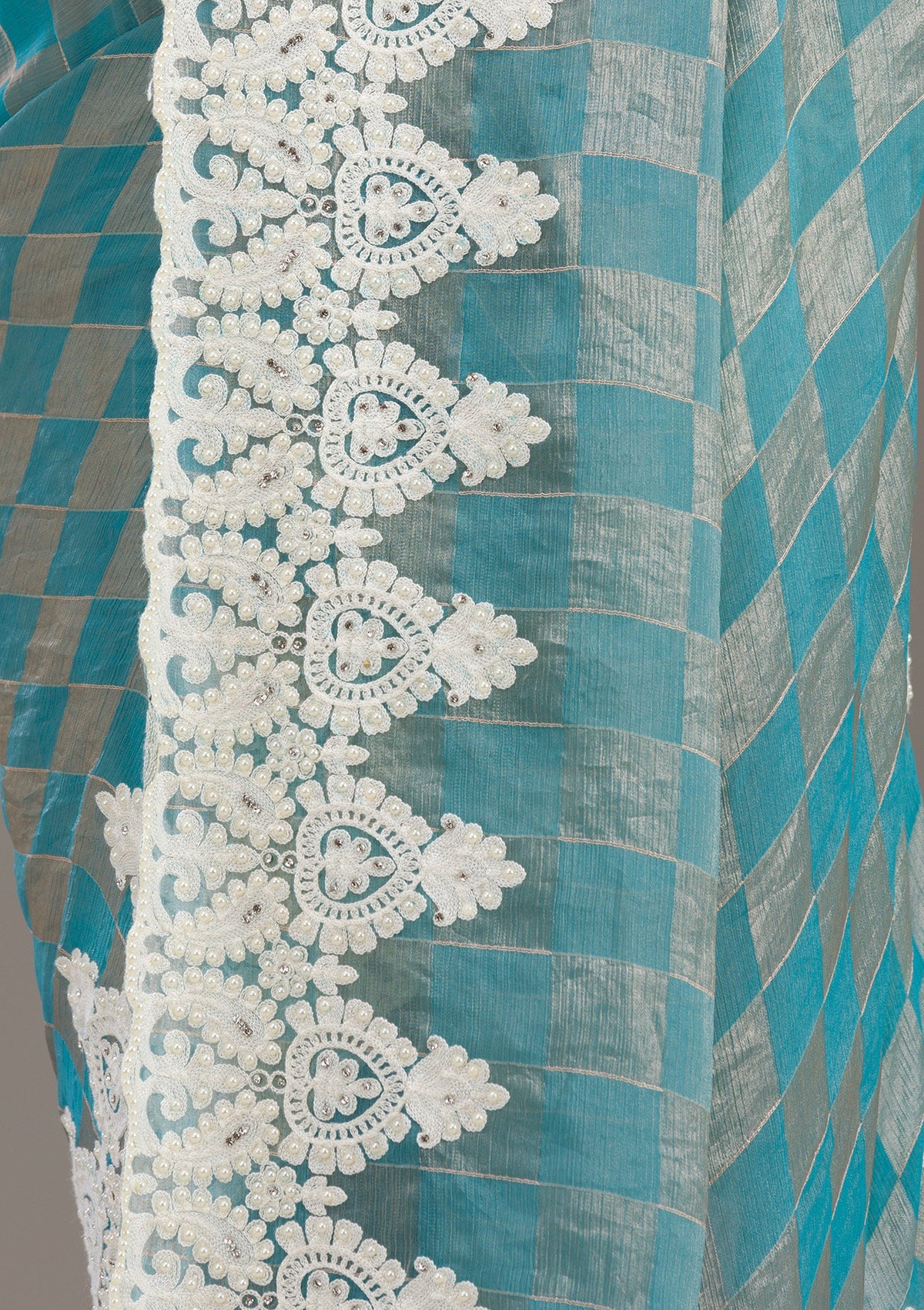 Turquoise Blue Pearlwork Tissue Saree-Koskii