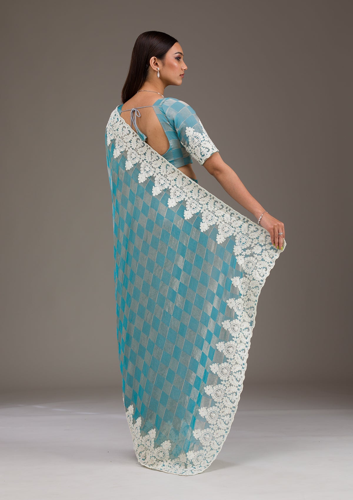 Turquoise Blue Pearlwork Tissue Saree-Koskii