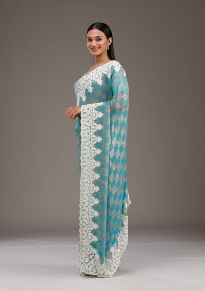 Turquoise Blue Pearlwork Tissue Saree-Koskii